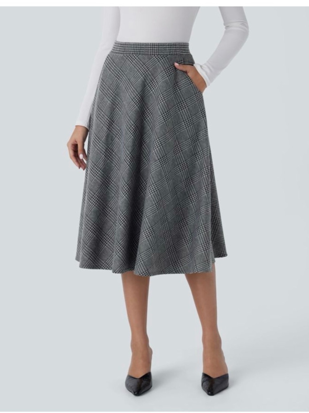 High Waisted Pocket Houndstooth
Plaid Flare Midi Casual Skirt - Picture 4 of 6